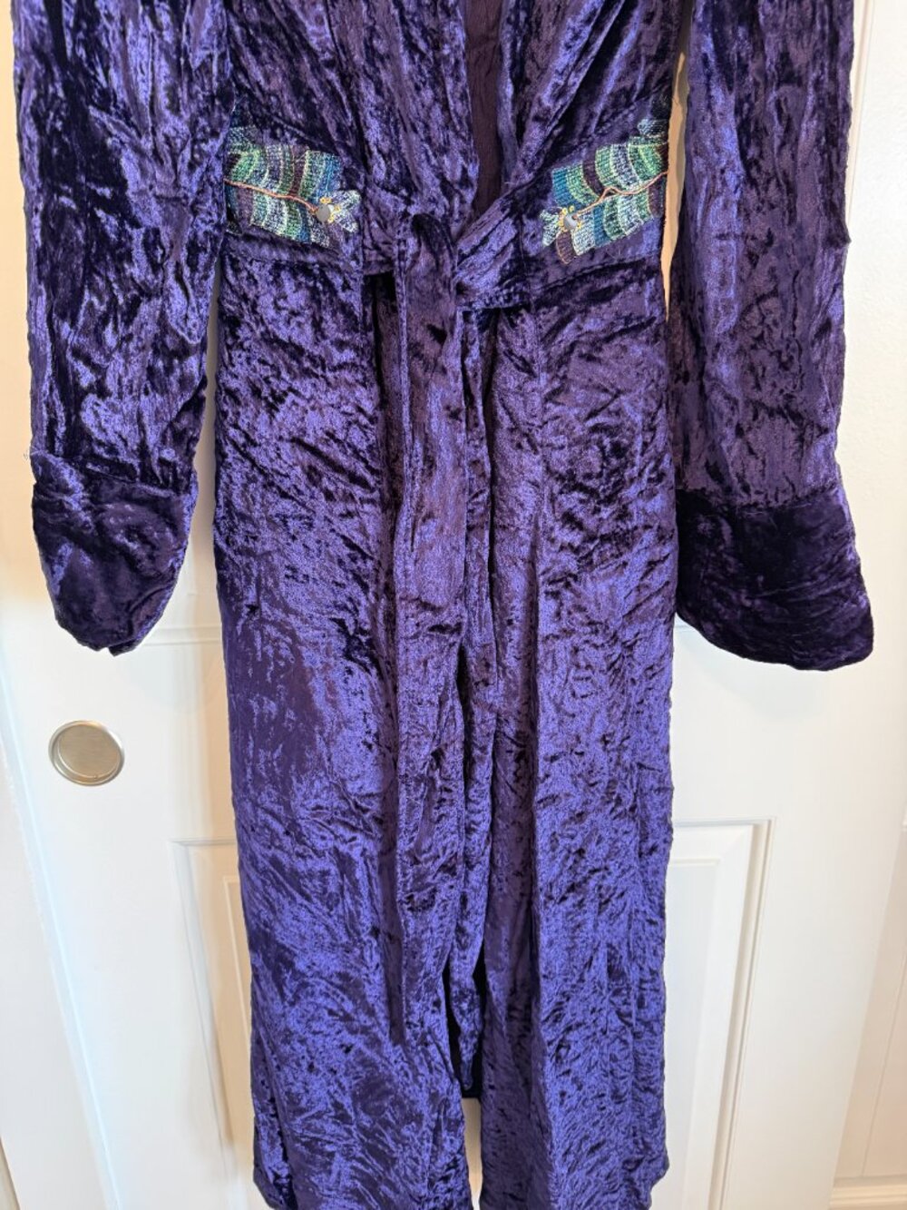 Luxurious purple crushed velvet long robe with beaded waist detail. - Picture 2 of 8